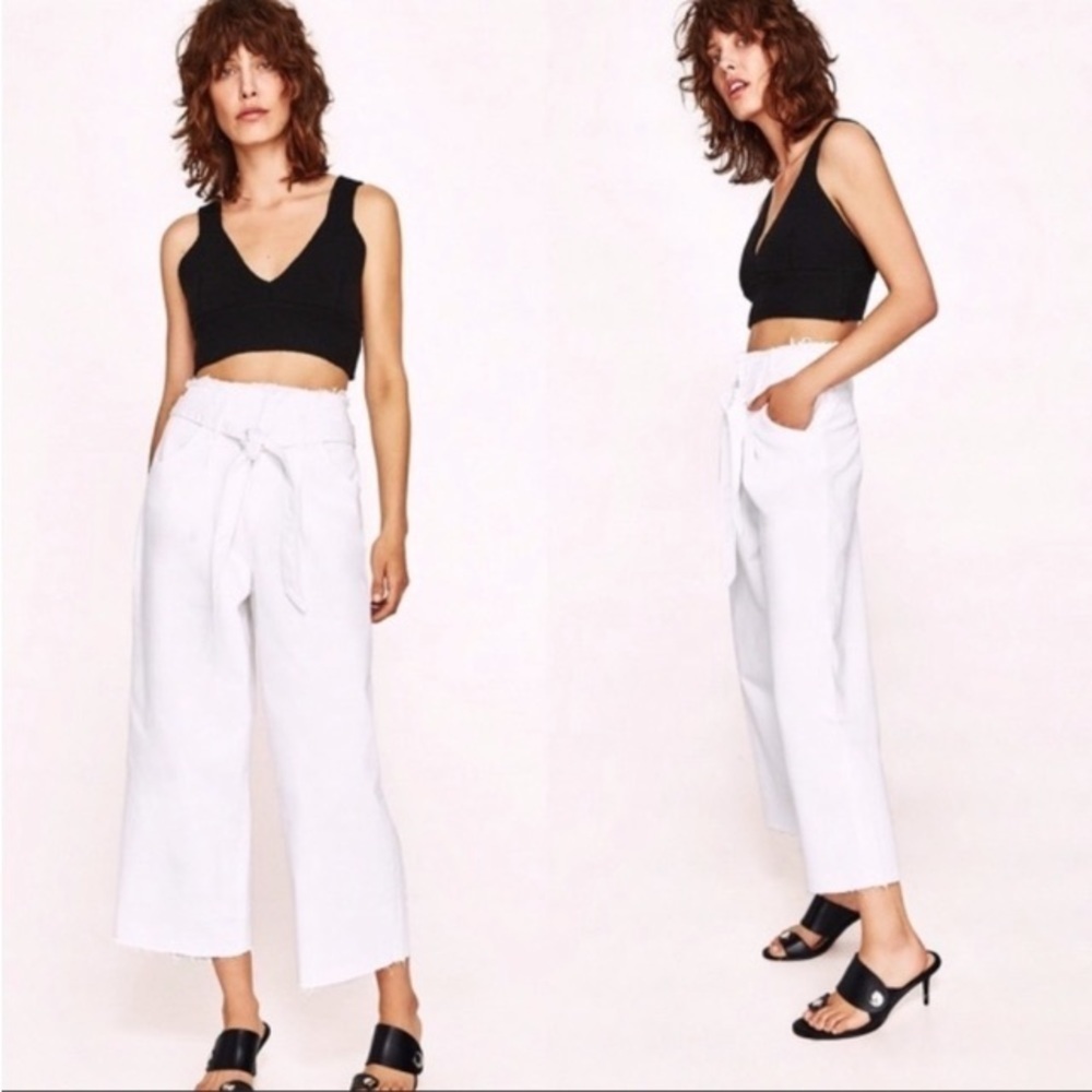 ZARA Wide Leg Jeans Denim Cropped Belted High Waist Sz 2 elevated basic summer